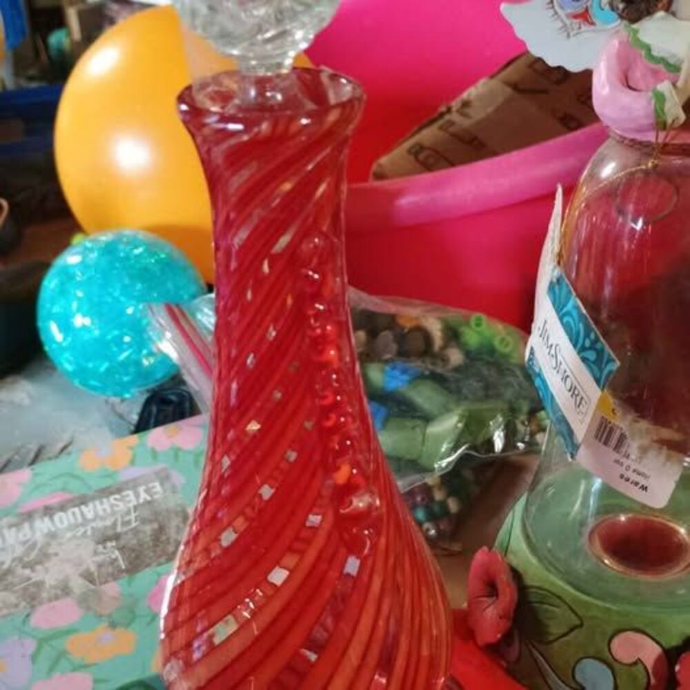 Red and Orange Swirled Glass Decanter with Clear Stopper